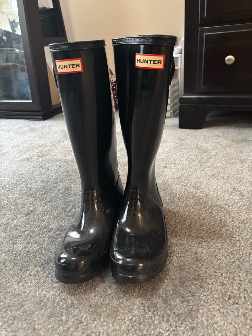 Hunter Black Gloss Tall Rain Boots with Logo